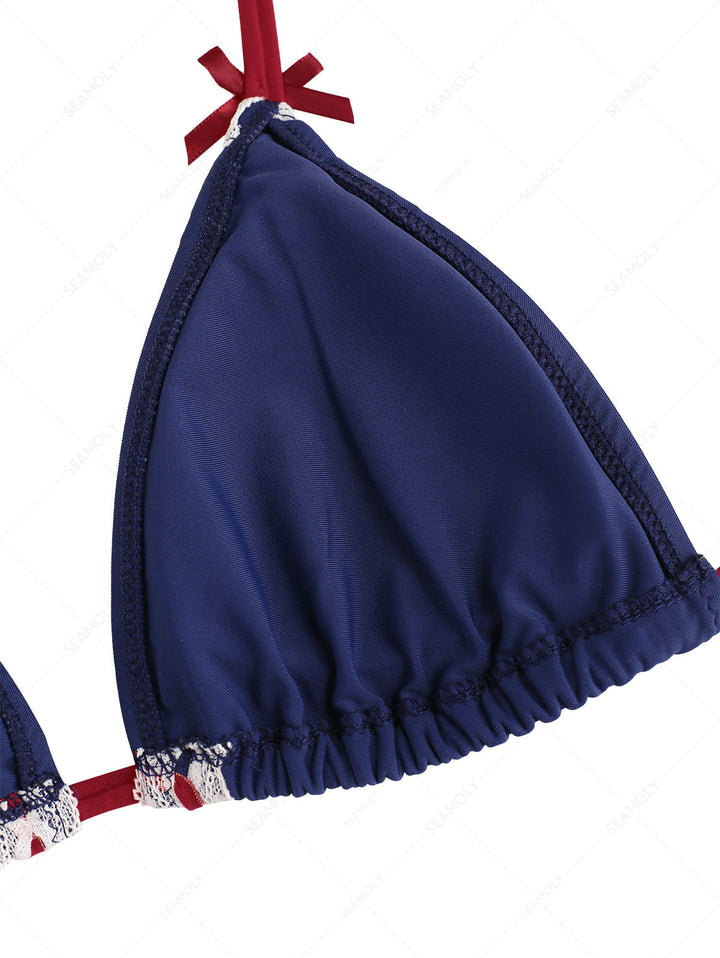 Seamolly  Lace Bowknot Triangle Top & Cheeky Brazilian Bottom Bikini Set for 4th of July