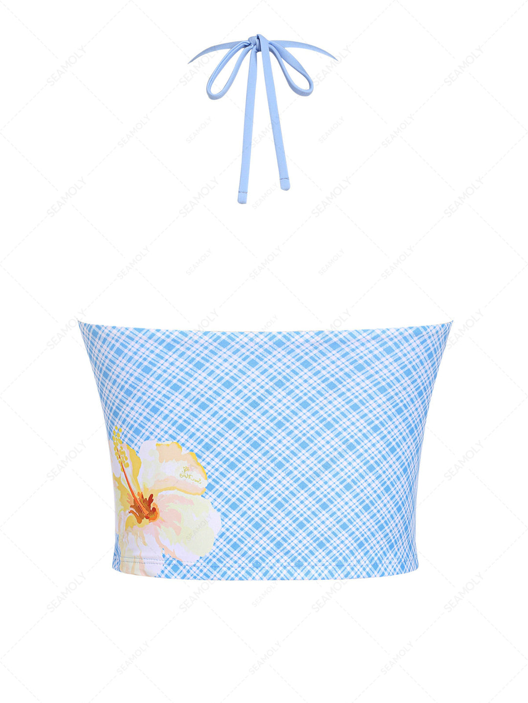 Light Blue Plaid Floral Halter Tied Tankini Top