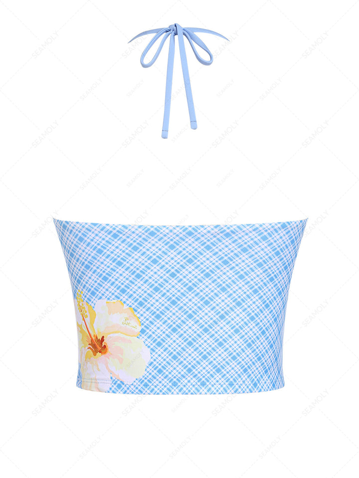 Light Blue Plaid Floral Halter Tied Tankini Top