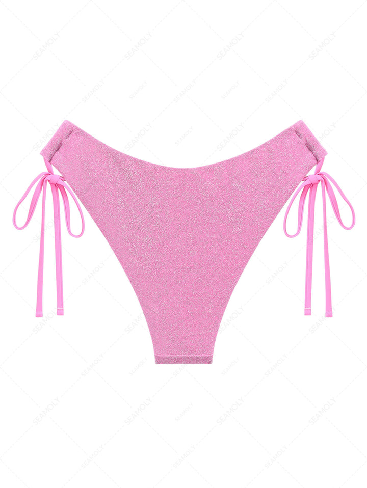 Light Pink Lurex Tied Side Full Coverage Bikini Bottom