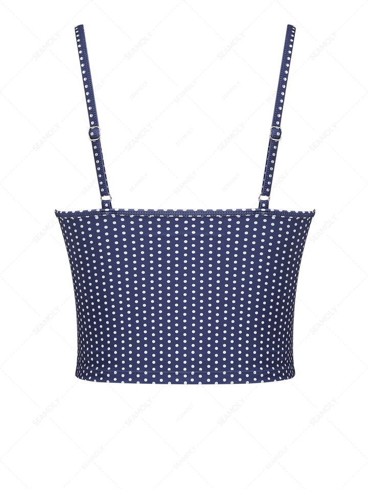 Deep Blue Polka Dot Lace Bowknot Tankini Top