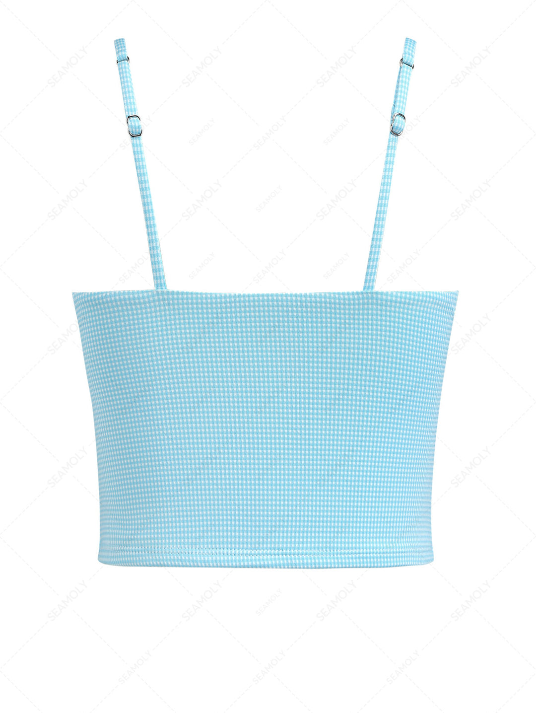 Sky Blue Plaid Ruched Lace Bowknot Cami Tankini Top