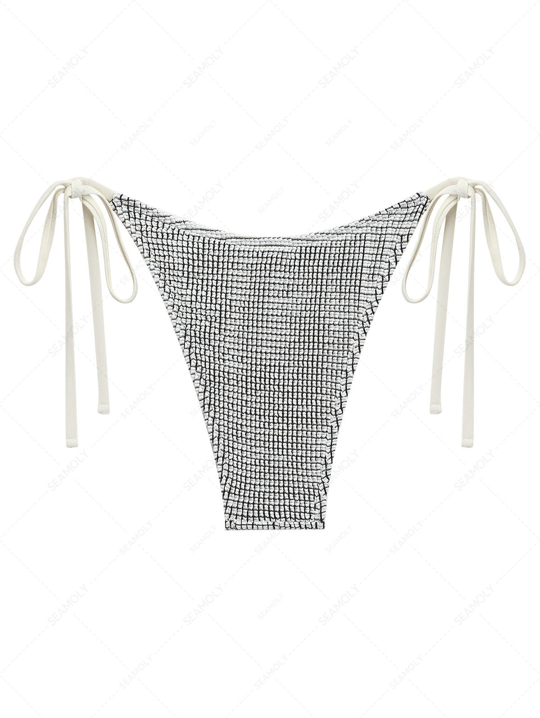 White Textured Fabric Tie Side String Cheeky Bikini Bottom
