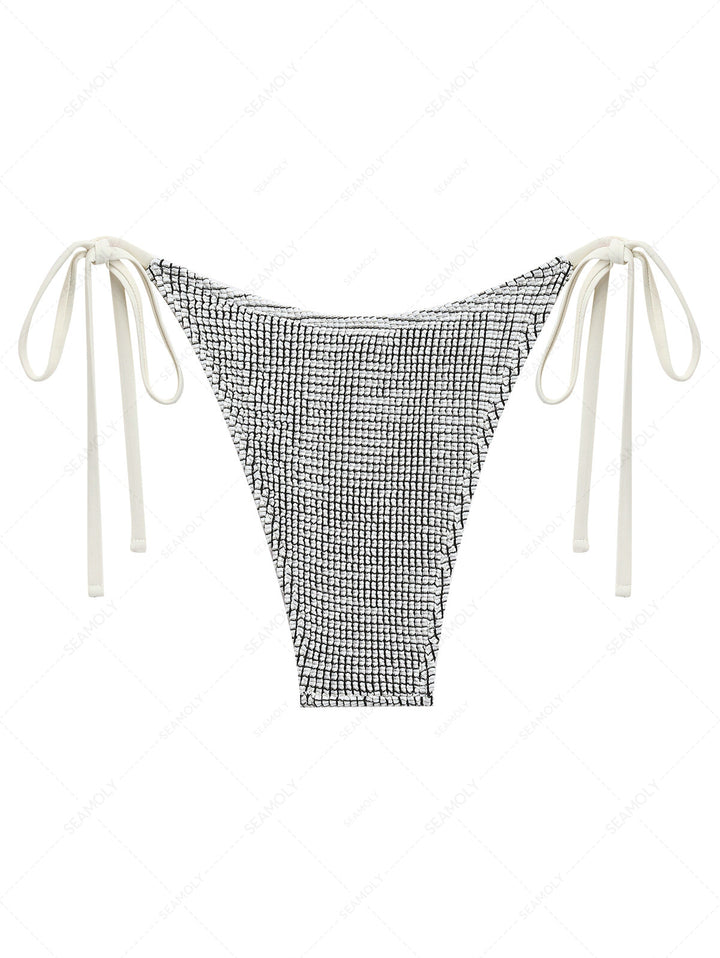 White Textured Fabric Tie Side String Cheeky Bikini Bottom