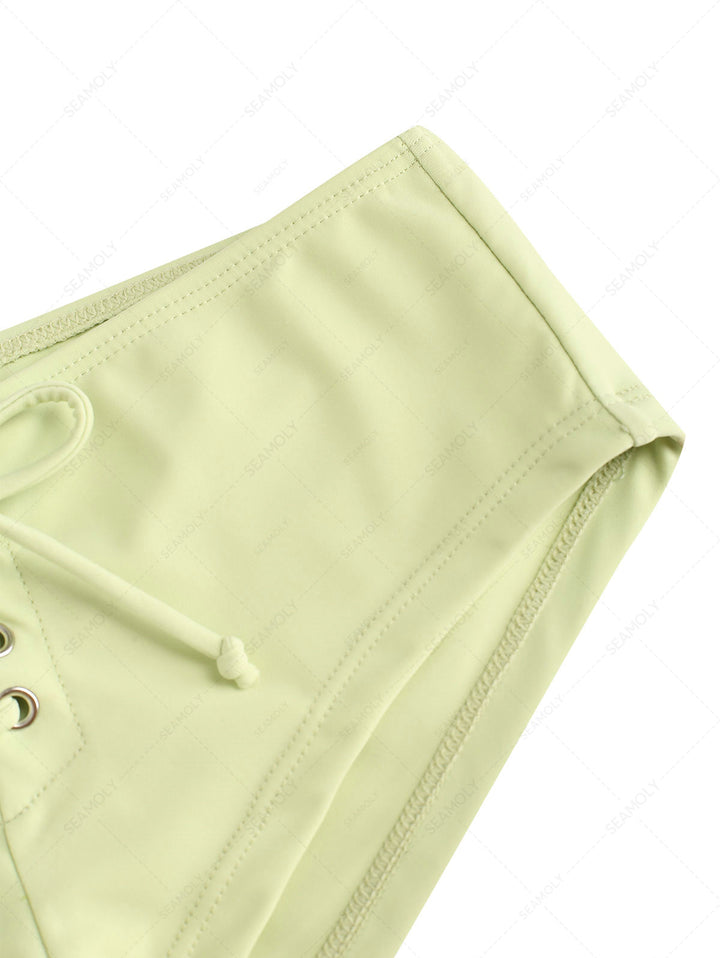 Seamolly Solid Color Grommet Lace Up Bikini Bottom Cheeky Swim Boyshorts