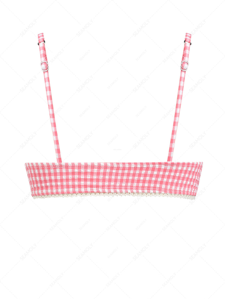 Red Bubble Grid Lace Bowknot Tank Style Bikini Top