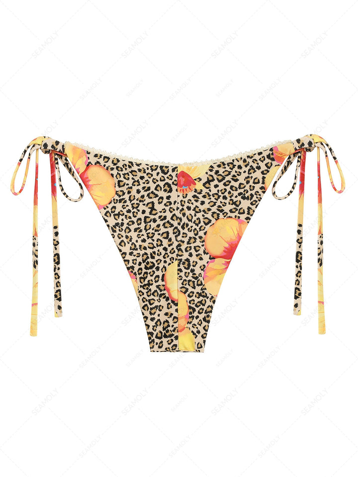Leopard Floral Print Lace Bowknot Tie Side Cheeky Bikini Bottom