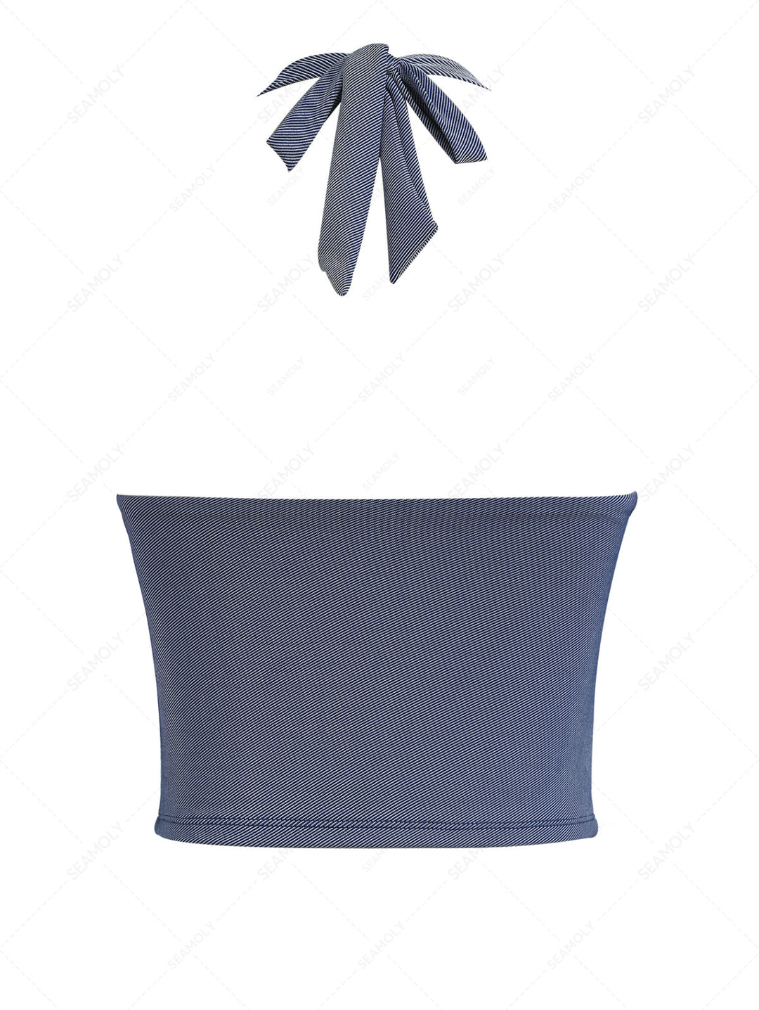 Deep Blue Denim Lace Plunging Neck Halter Tied Tankini Top