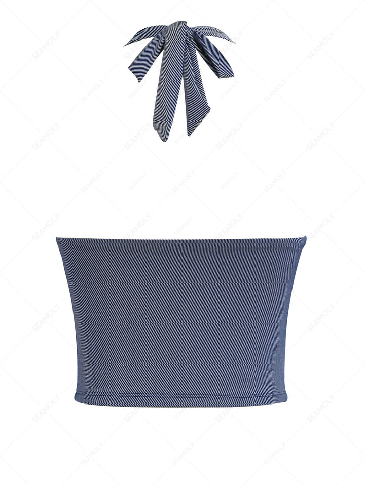 Deep Blue Denim Lace Plunging Neck Halter Tied Tankini Top