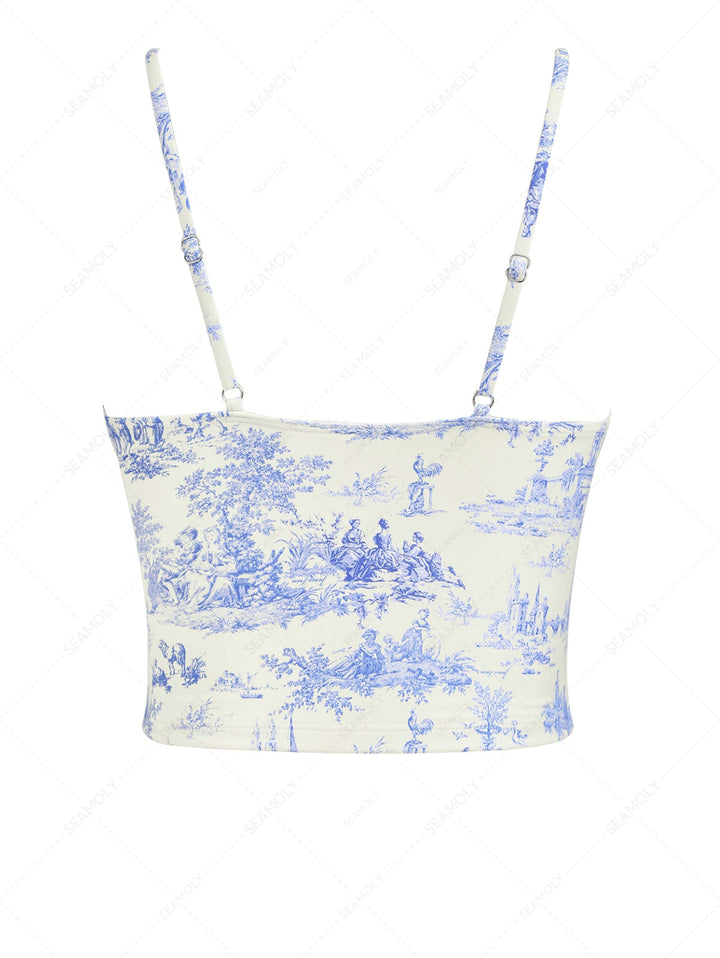 Crystal Cream Toile de Jouy Lace Plunging Neck Tankini Top