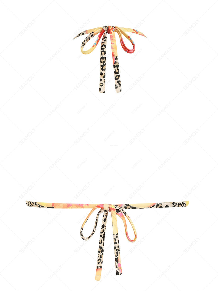 Leopard Floral Print Lace Bowknot Halter Triangle Bikini Top