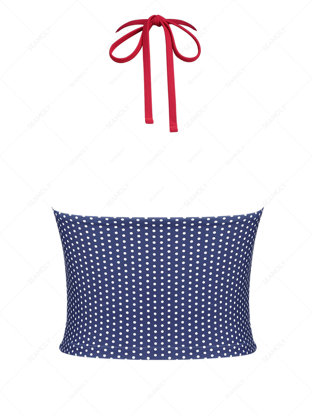 Deep Blue Polka Dot Contrast Bowknot Halter Tied Tankini Top