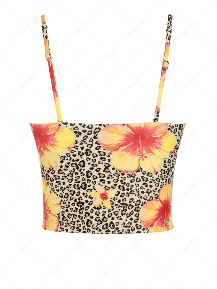 Leopard Floral Print Bowknot Tankini Top