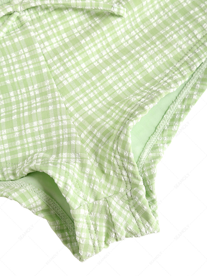 Seamolly Light Green Gingham Bowknot Bikini Bottom Cheeky Swim Boyshorts