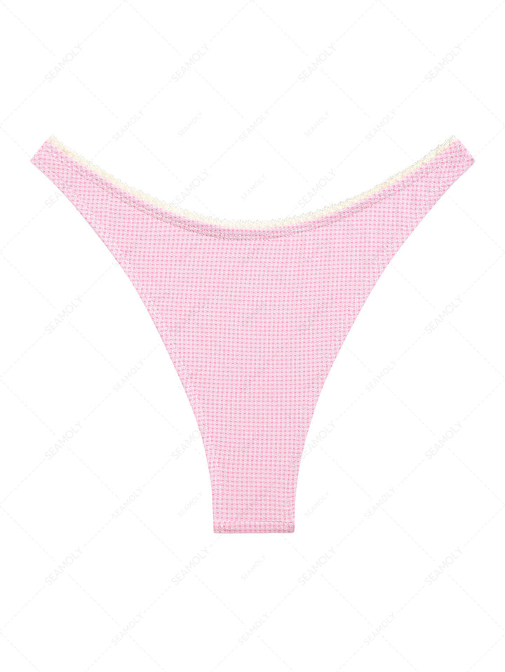 Light Pink Knitted Plaid Lace Bowknot Cheeky Bikini Bottom