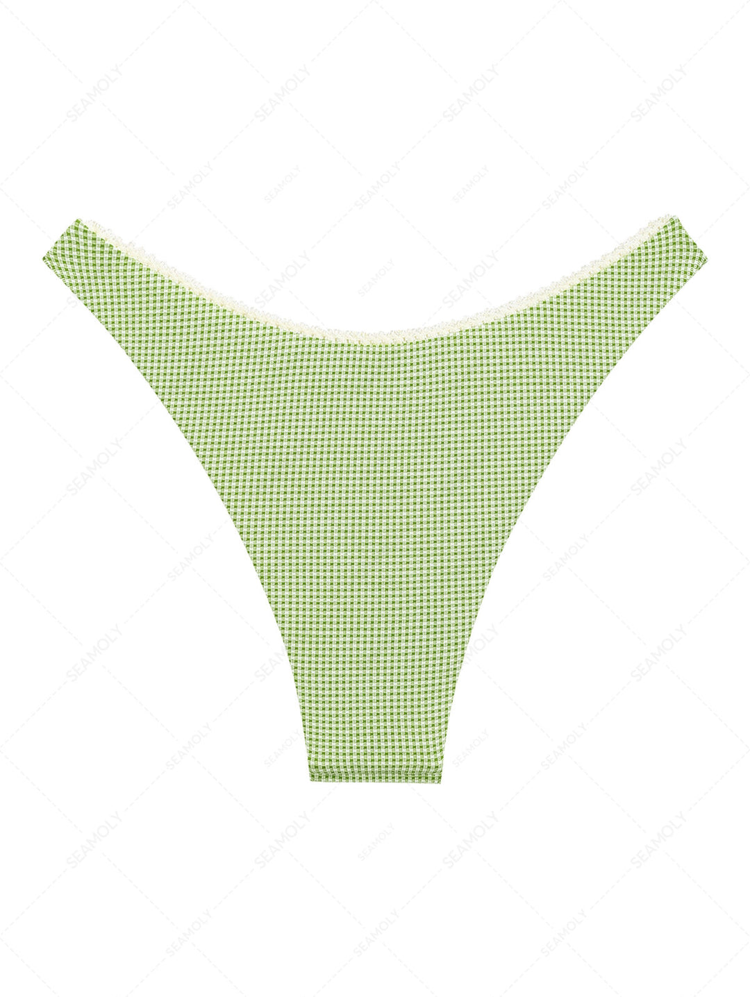 Janexswim Green Knitted Plaid Contrast Lace Bowknot Cheeky Bikini Bottom