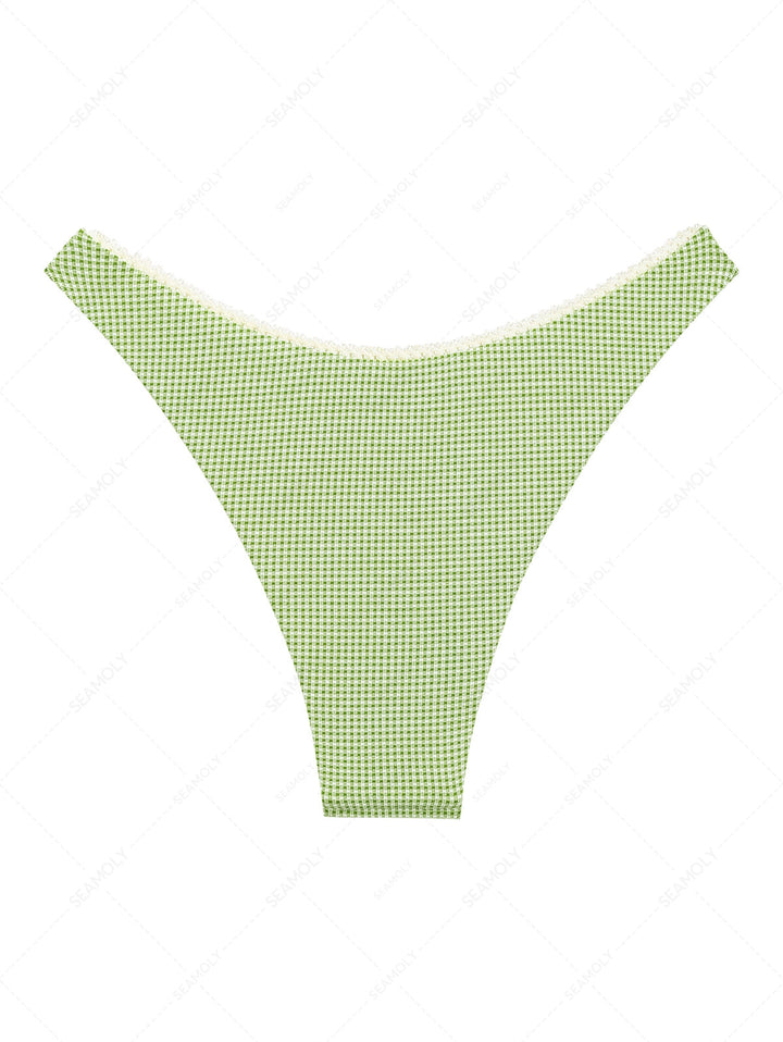 Janexswim Green Knitted Plaid Contrast Lace Bowknot Cheeky Bikini Bottom