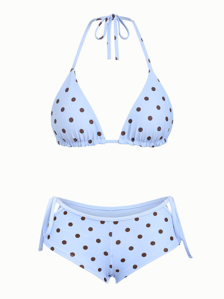 Sky Blue Polka Dot Reversible Triangle Top & Cutout Tie Cheeky Boyshorts Bikini Set