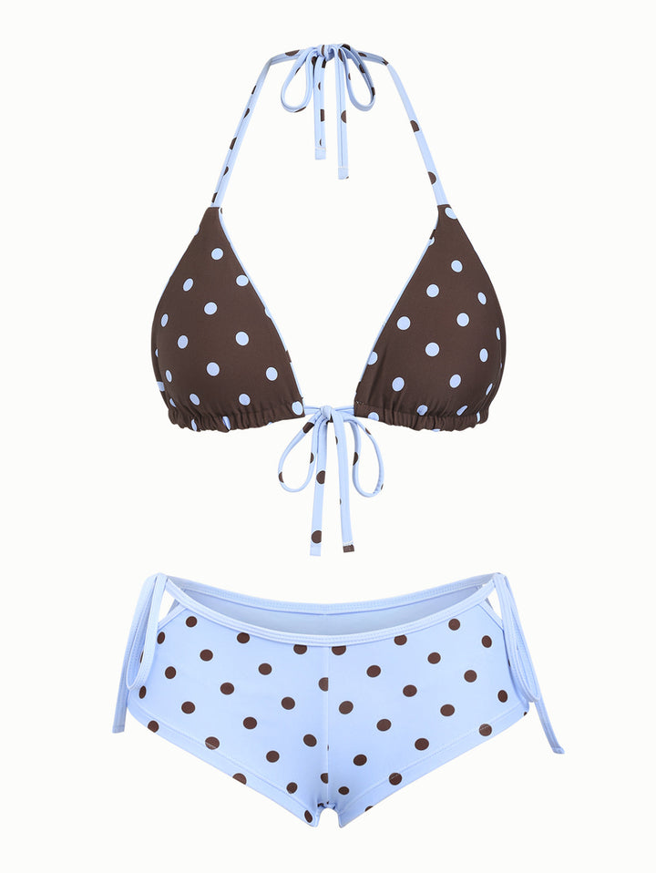 Sky Blue Polka Dot Reversible Triangle Top & Cutout Tie Cheeky Boyshorts Bikini Set