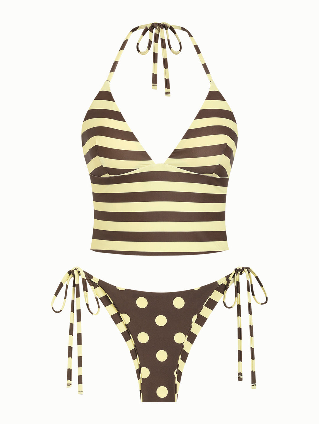 Coffee Striped Polka Dot Halter Tied Top & Cheeky Brazilian Bottom Reversible Tankini Set