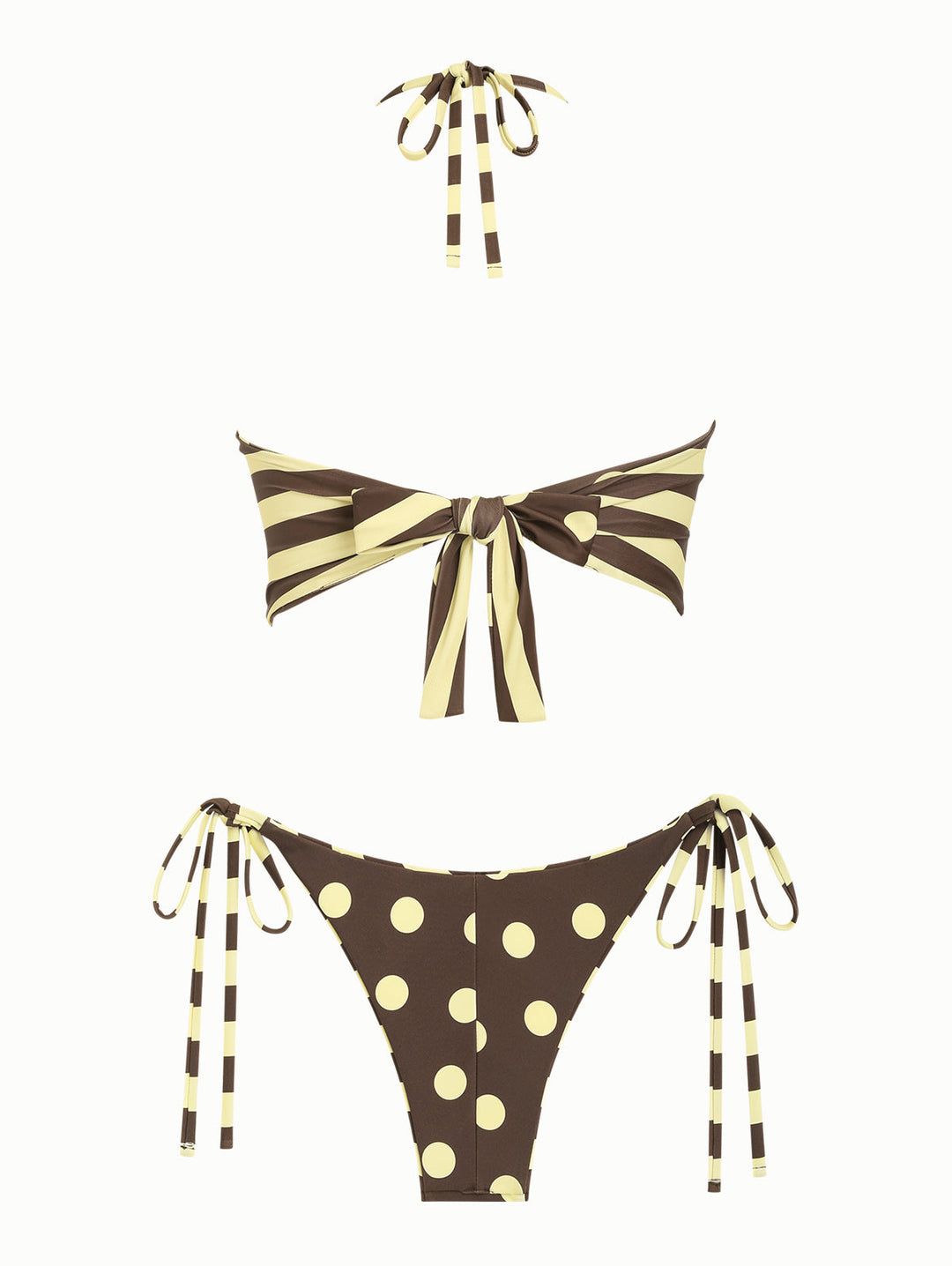 Coffee Striped Polka Dot Halter Tied Top & Cheeky Brazilian Bottom Reversible Tankini Set