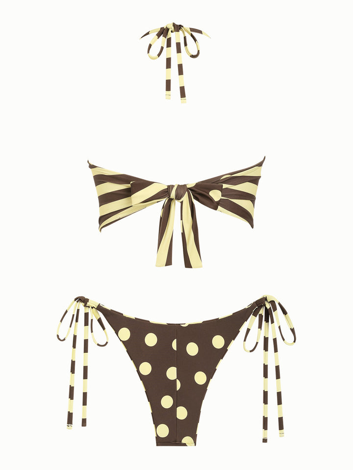 Coffee Striped Polka Dot Halter Tied Top & Cheeky Brazilian Bottom Reversible Tankini Set