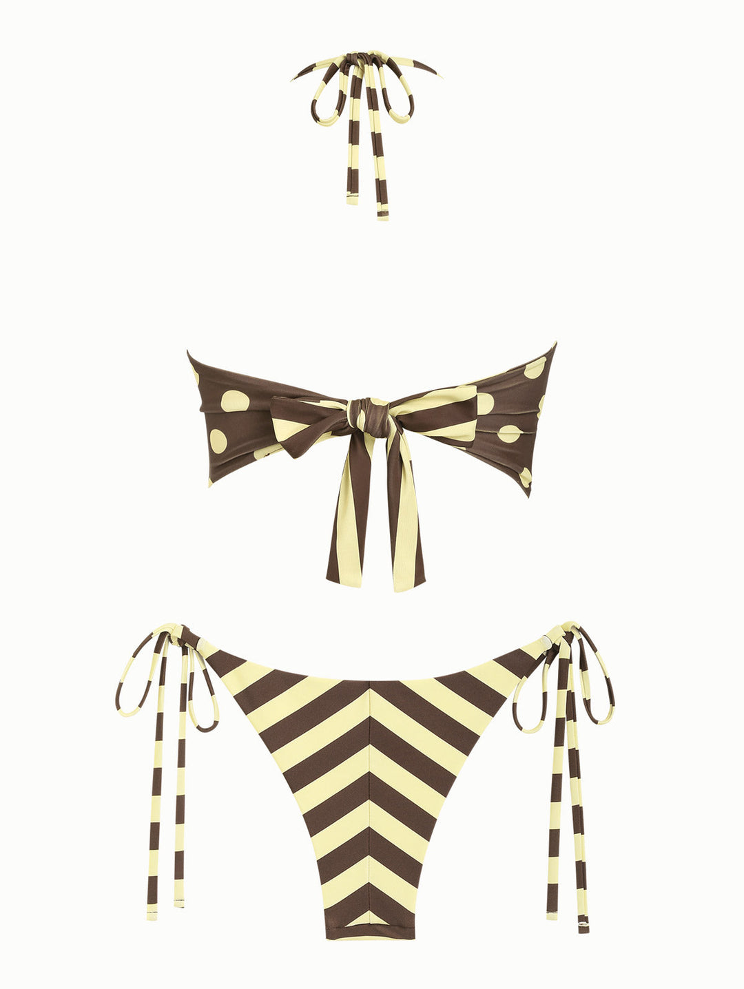 Coffee Striped Polka Dot Halter Tied Top & Cheeky Brazilian Bottom Reversible Tankini Set