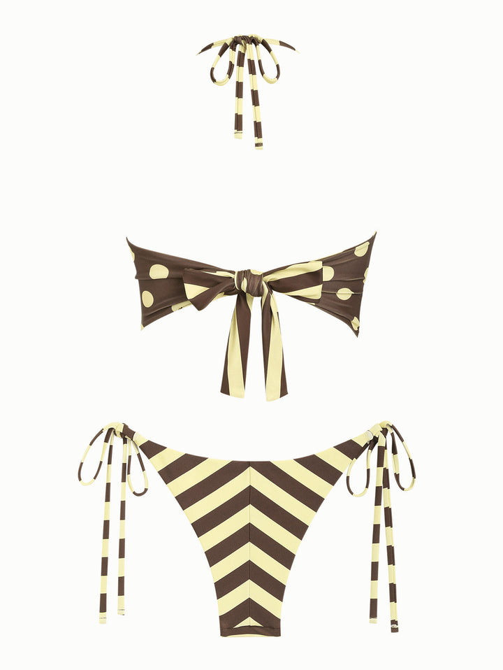 Coffee Striped Polka Dot Halter Tied Top & Cheeky Brazilian Bottom Reversible Tankini Set