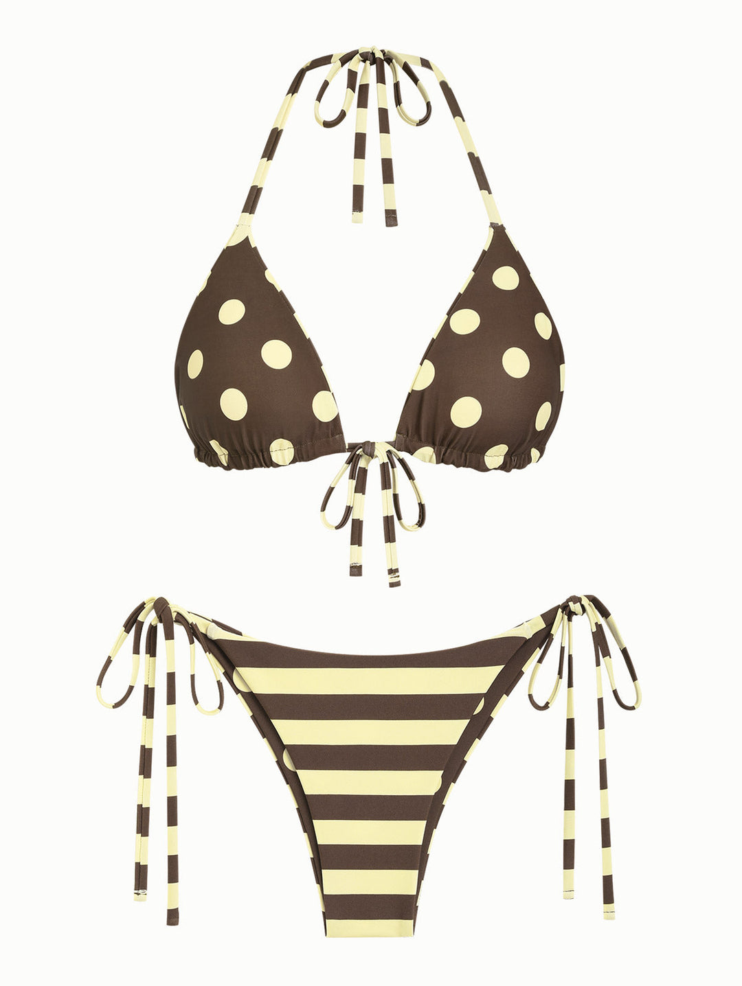 Coffee Striped Polka Dot Halter Triangle Top & Cheeky Brazilian Bottom Reversible Bikini Set