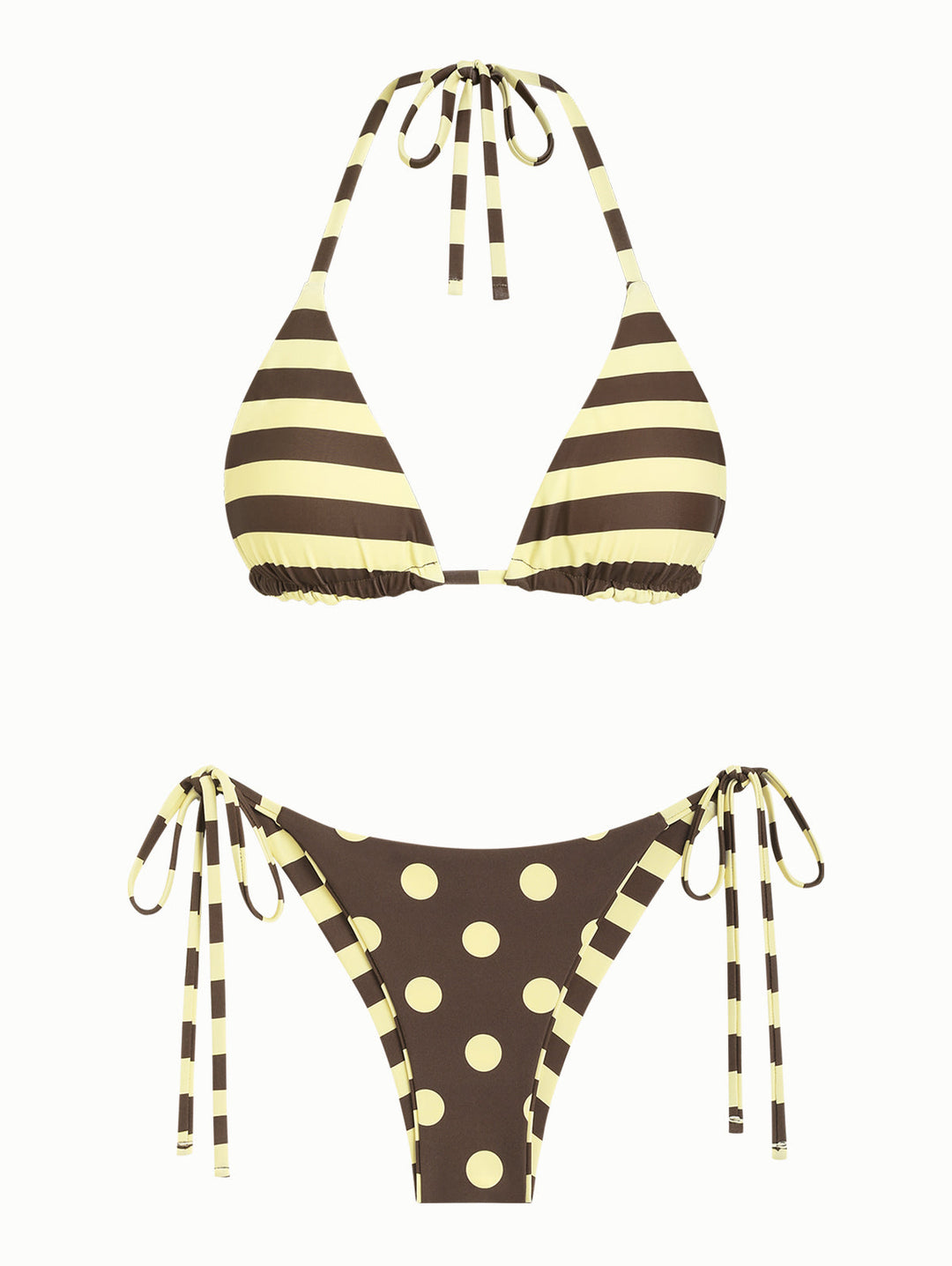 Coffee Striped Polka Dot Halter Triangle Top & Cheeky Brazilian Bottom Reversible Bikini Set