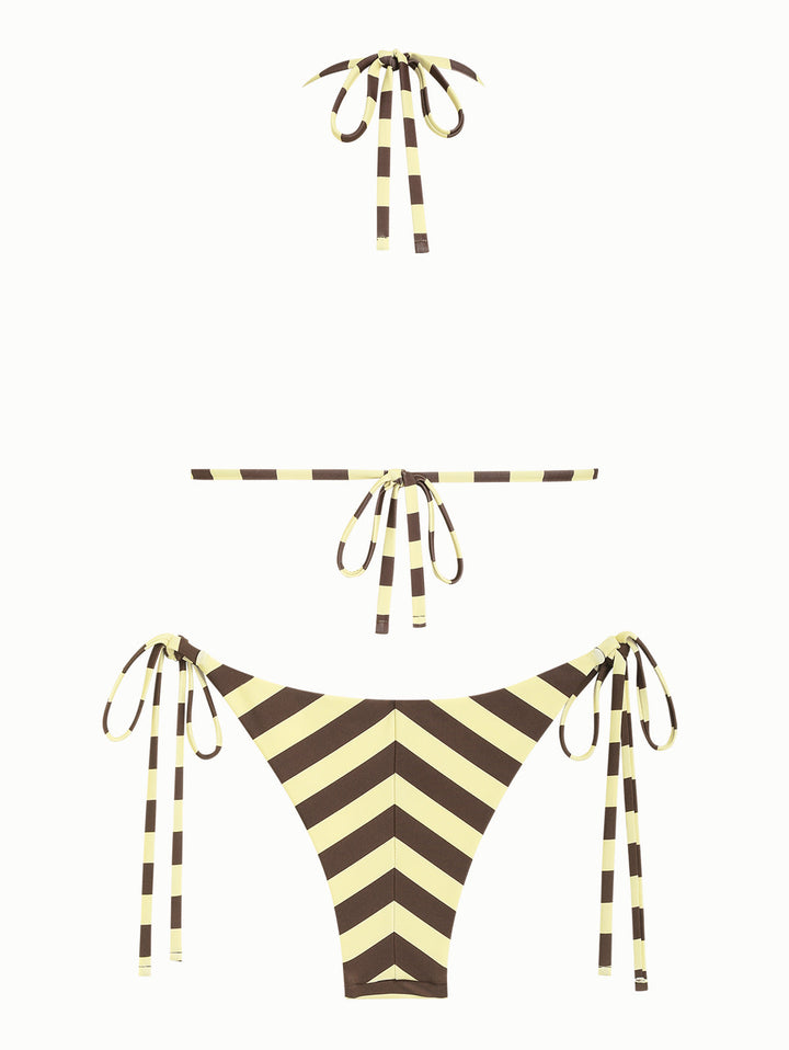 Coffee Striped Polka Dot Halter Triangle Top & Cheeky Brazilian Bottom Reversible Bikini Set
