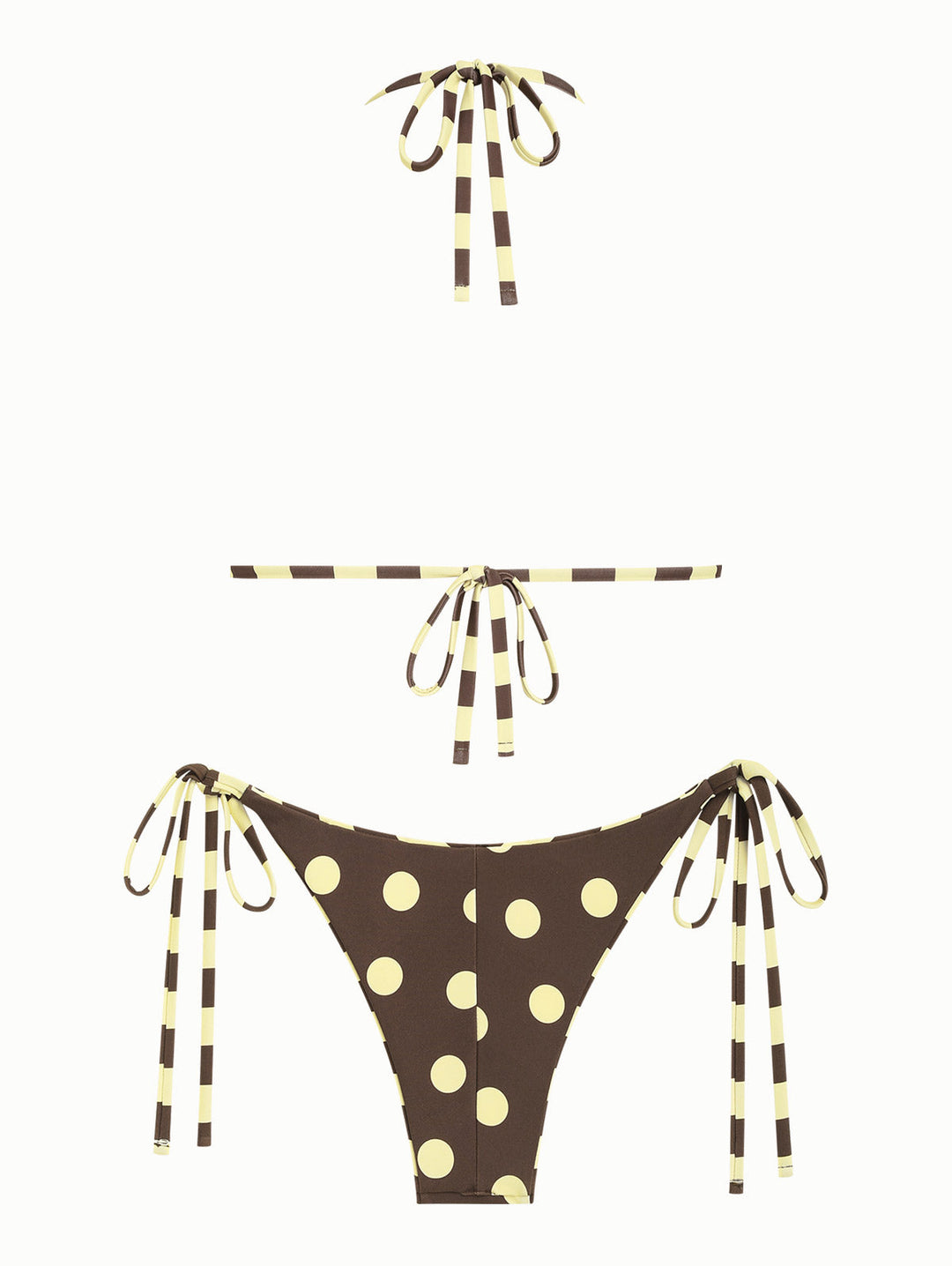 Coffee Striped Polka Dot Halter Triangle Top & Cheeky Brazilian Bottom Reversible Bikini Set