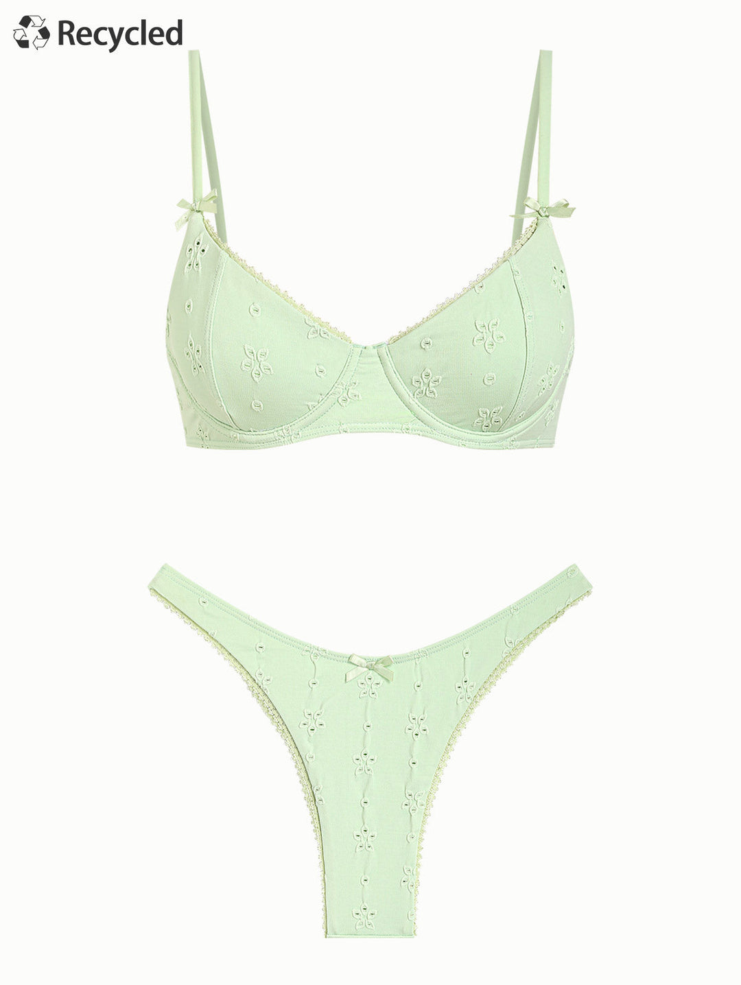 Light Green Recycled Fabric Eyelet Jacquard Lace Bowknot Underwire Bikini Set