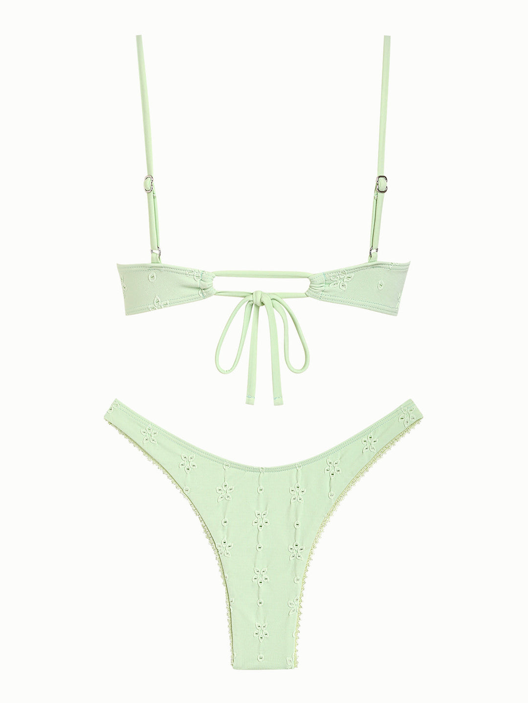 Light Green Recycled Fabric Eyelet Jacquard Lace Bowknot Underwire Bikini Set