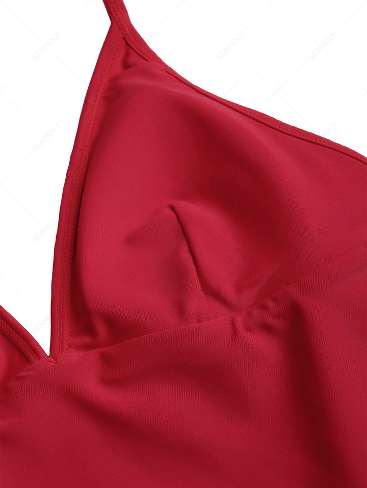 Deep Blue Polka Dot Contrast Bowknot Halter Tied Tankini Top