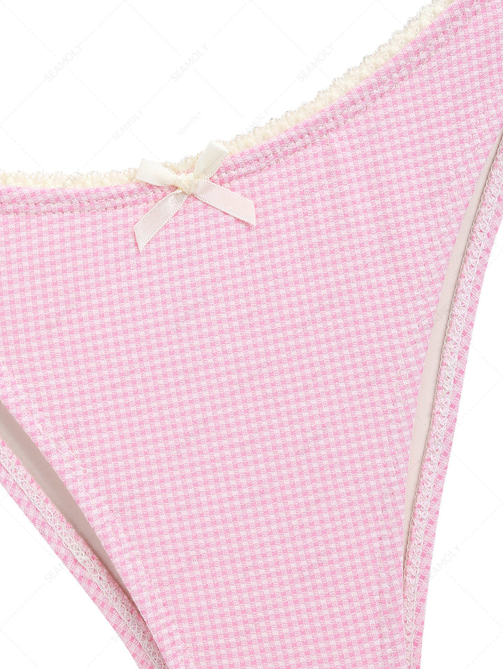 Light Pink Knitted Plaid Lace Bowknot Cheeky Bikini Bottom