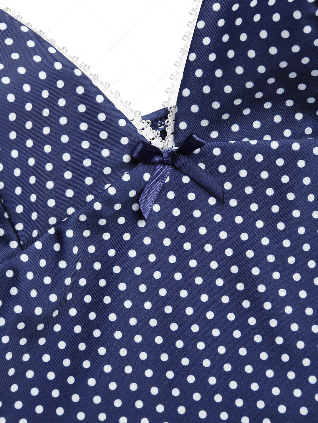 Deep Blue Polka Dot Lace Bowknot Tankini Top