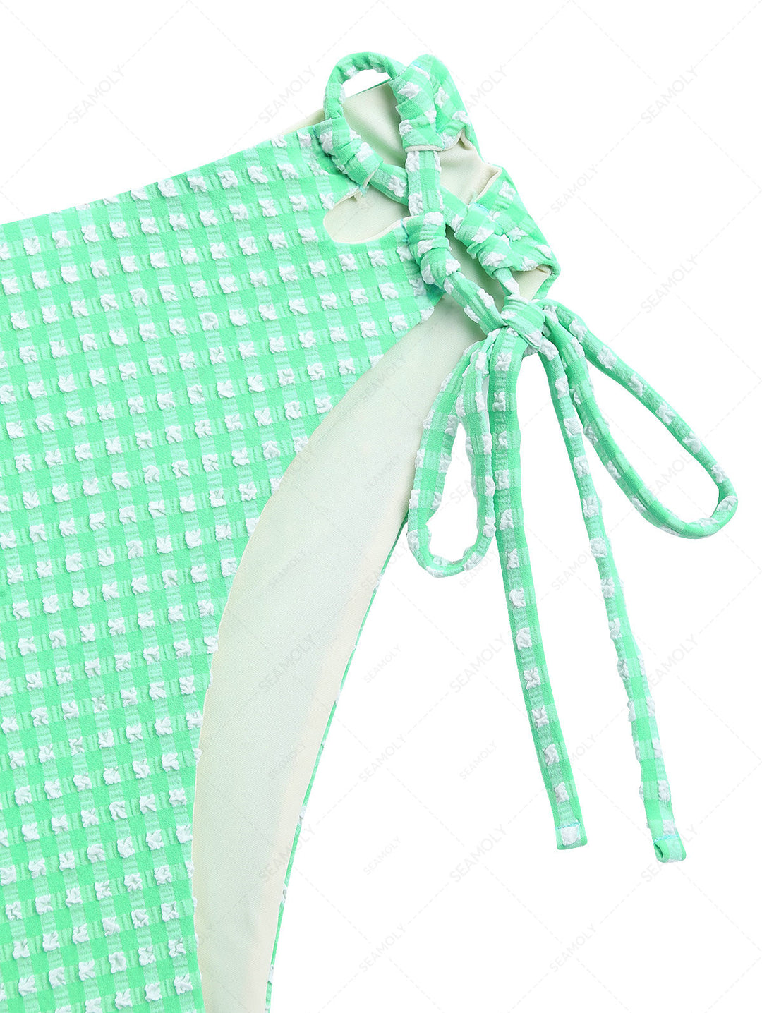 Green Bubble Grid Lace Up Side Full Coverage Bikini Bottom