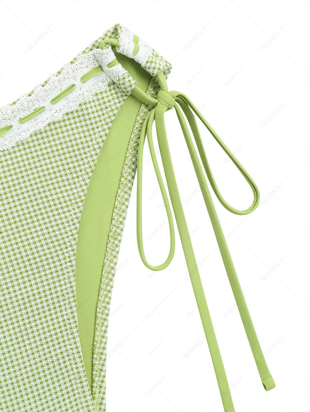 Green Gingham Lace Bowknot Cinched Tie Side Hipster Bikini Bottom