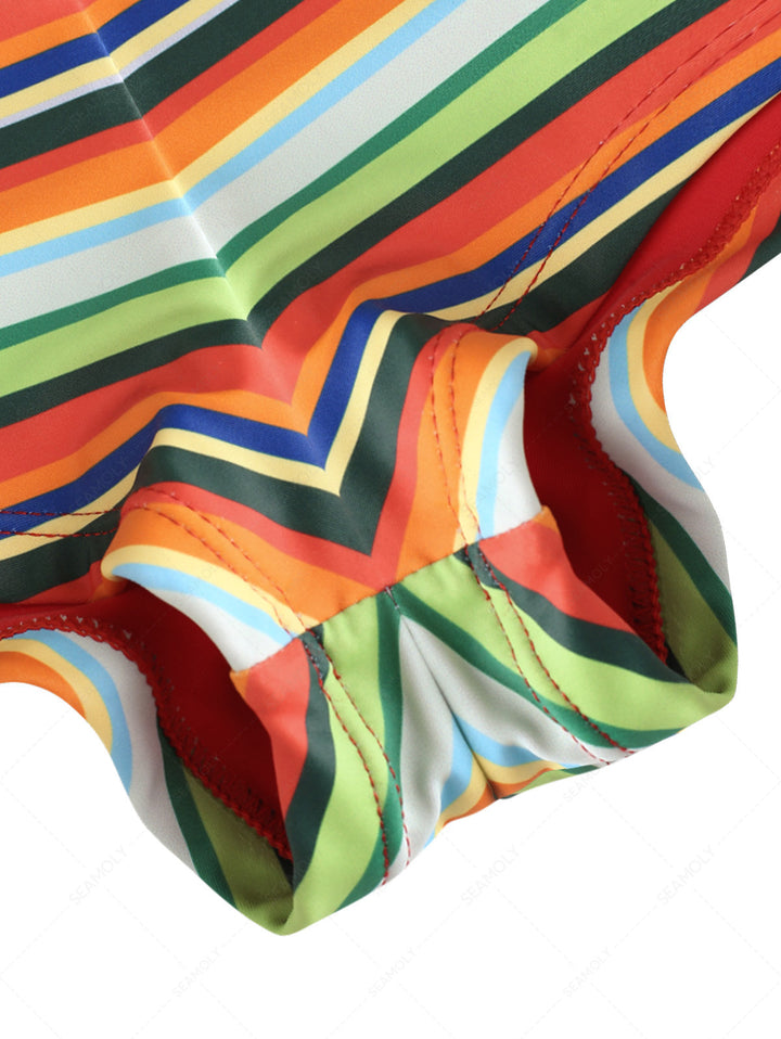 Seamolly Rainbow Striped Contrast Binding Halter Triangle Cheeky Boyshorts Bikini Set