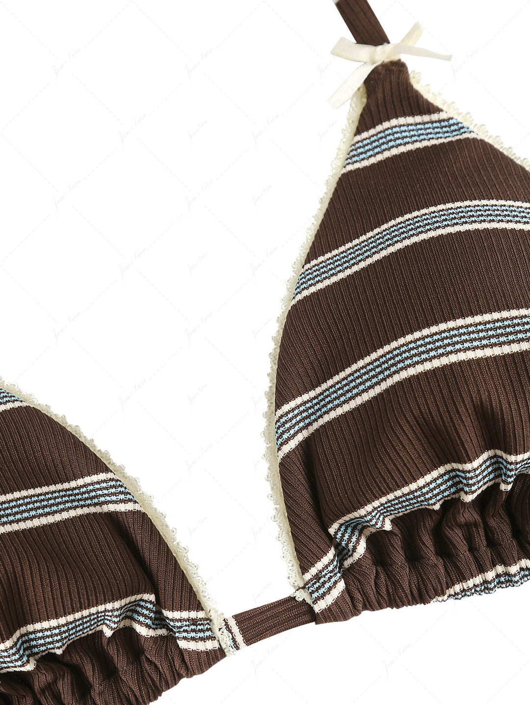Deep Coffee Striped Lace Bowknot Halter Triangle Bikini Top