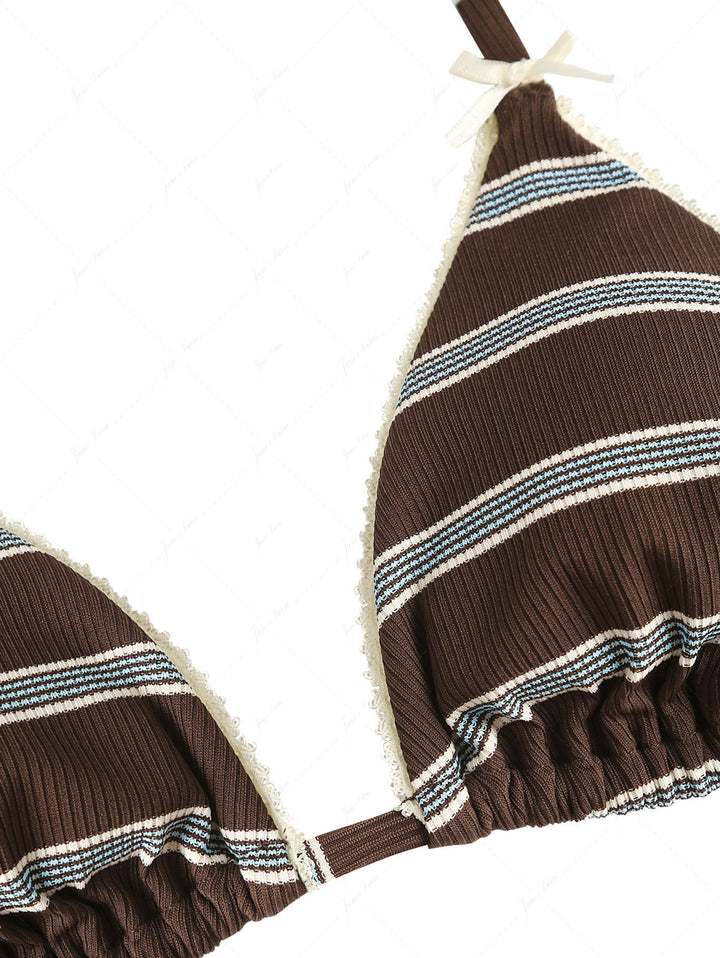 Deep Coffee Striped Lace Bowknot Halter Triangle Bikini Top