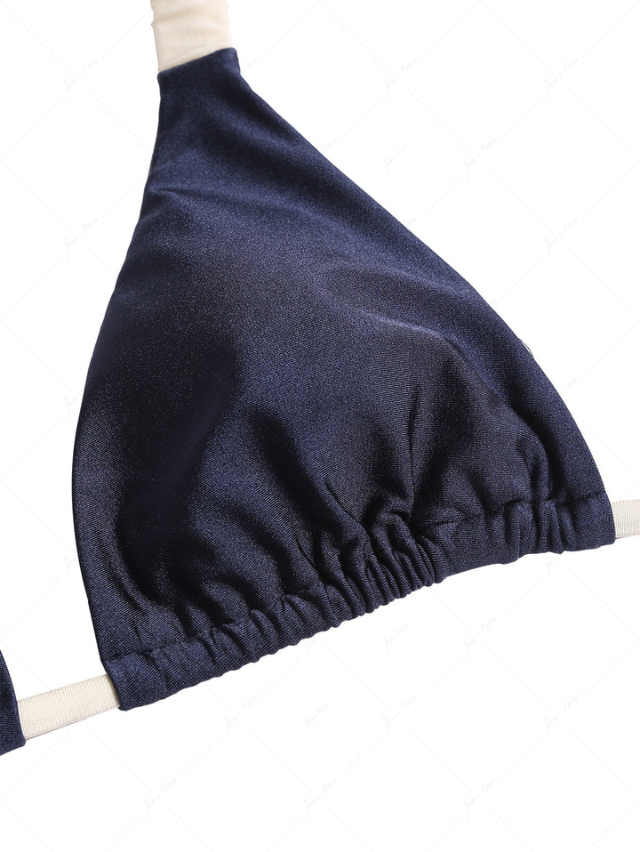 Navy Blue Contrast Color Triangle Bikini Top