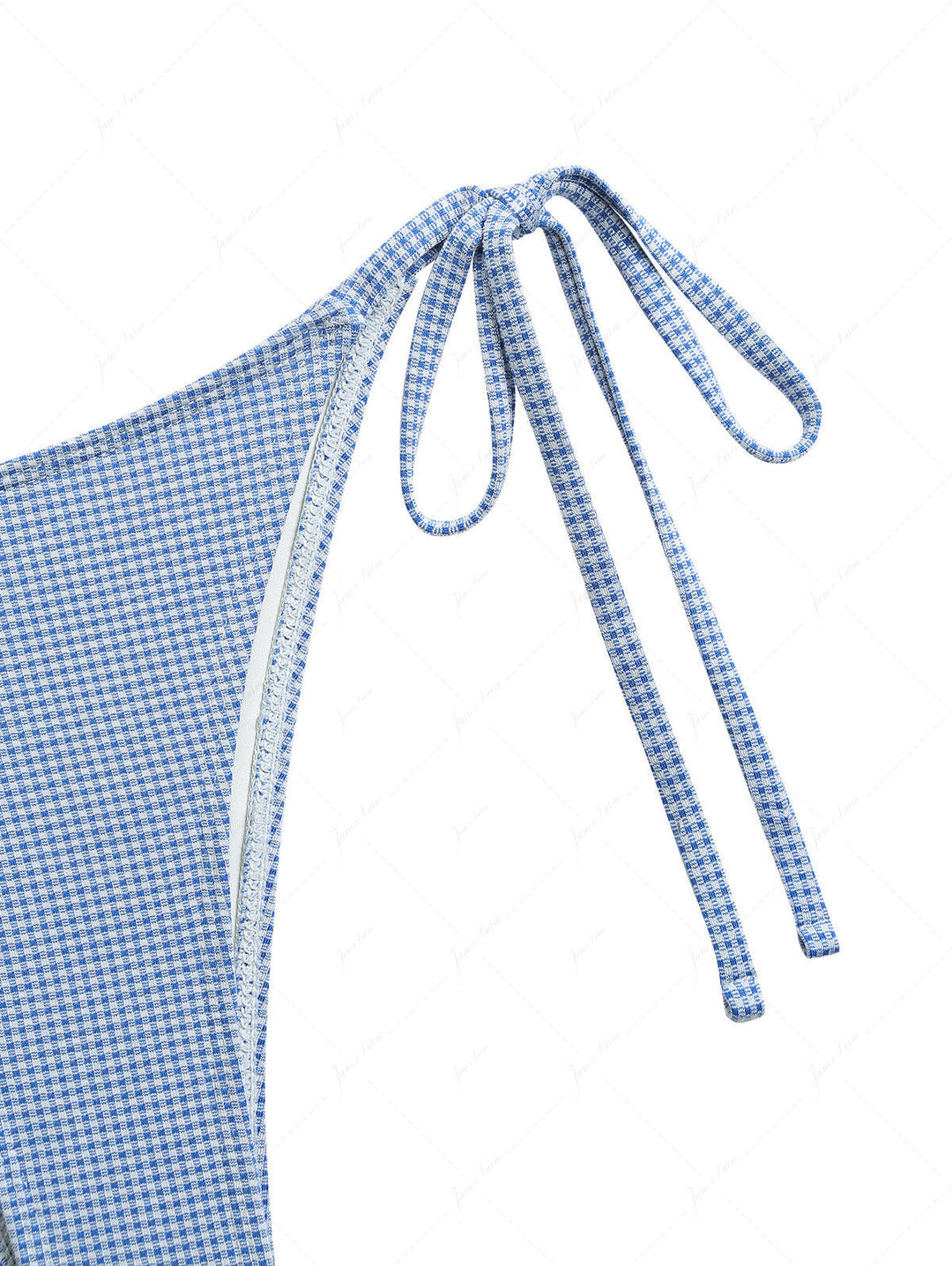 Blue Knitted Plaid Contrast Lace Trim Bowknot Cami Tankini Set