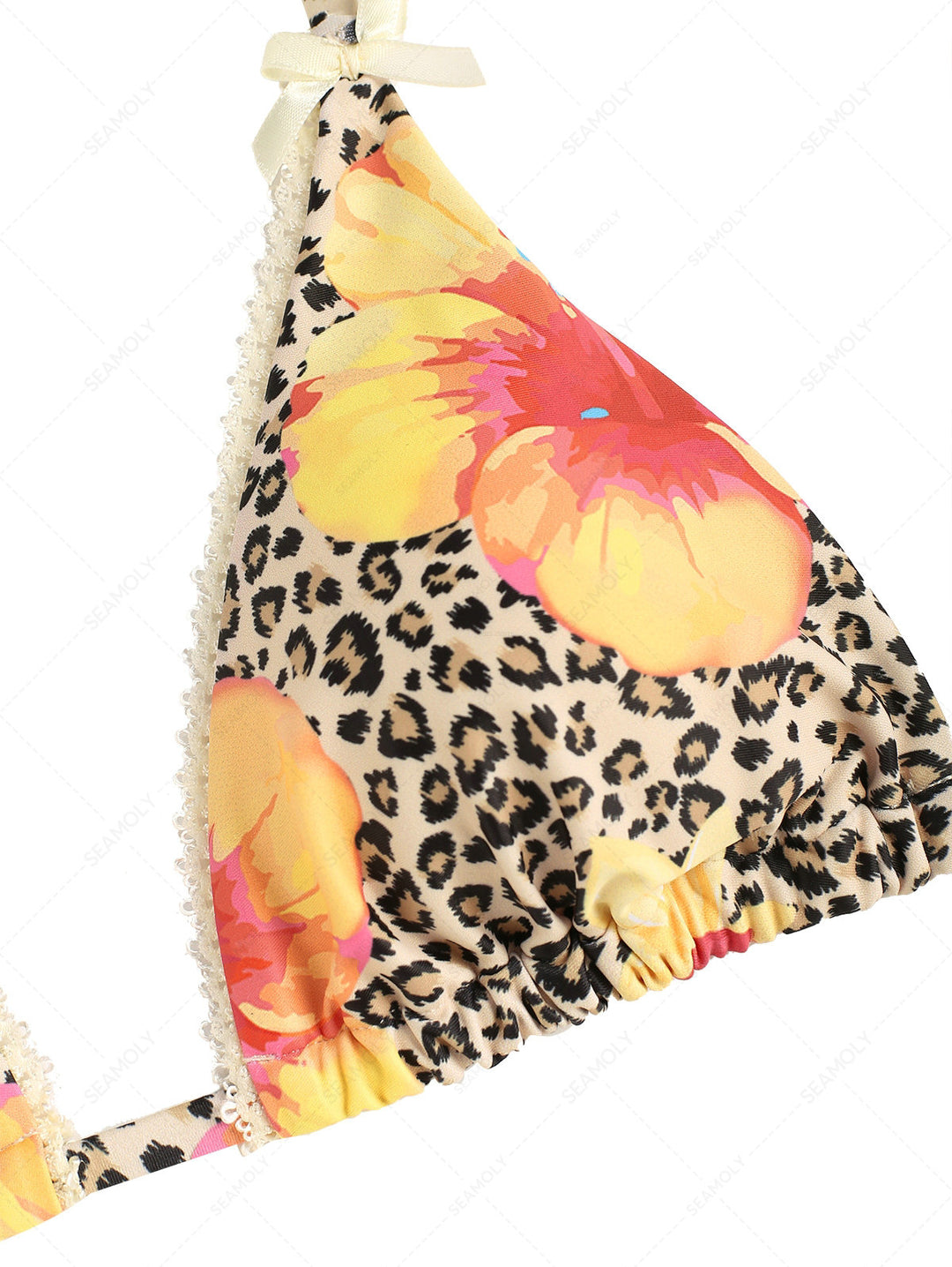 Leopard Floral Print Lace Bowknot Halter Triangle Bikini Top