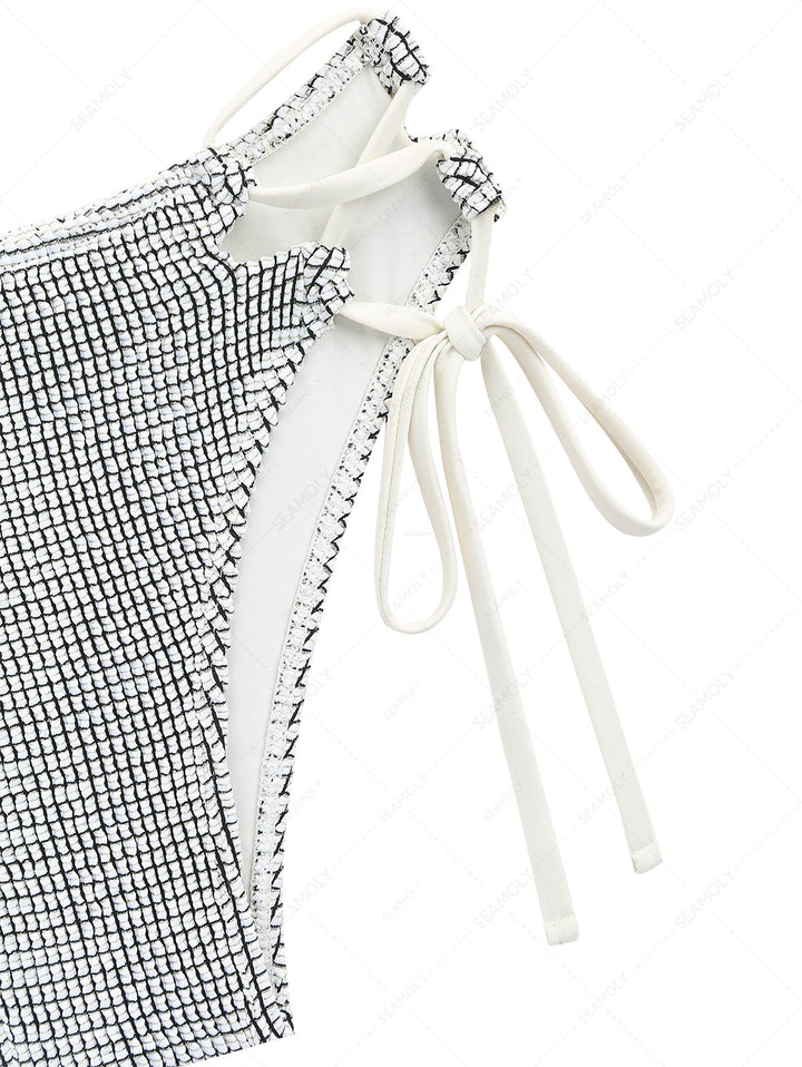 White Textured Fabric Lace Up Side Full Coverage Bikini Bottom