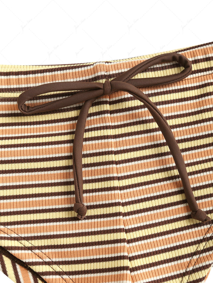 Yellow Ribbed Knit Striped Bowknot Bikini Bottom Cheeky Swim Boyshorts