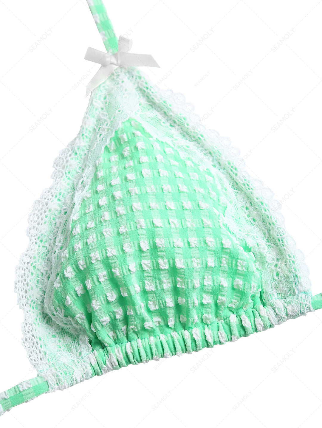Green Bubble Grid Lace Bowknot Halter Triangle Bikini Top