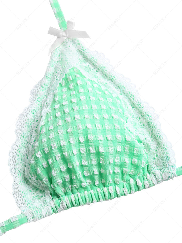 Green Bubble Grid Lace Bowknot Halter Triangle Bikini Top