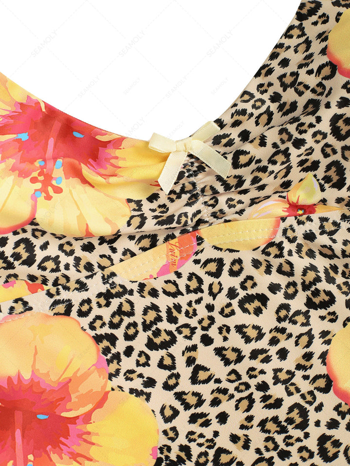 Leopard Floral Print Bowknot Tankini Top